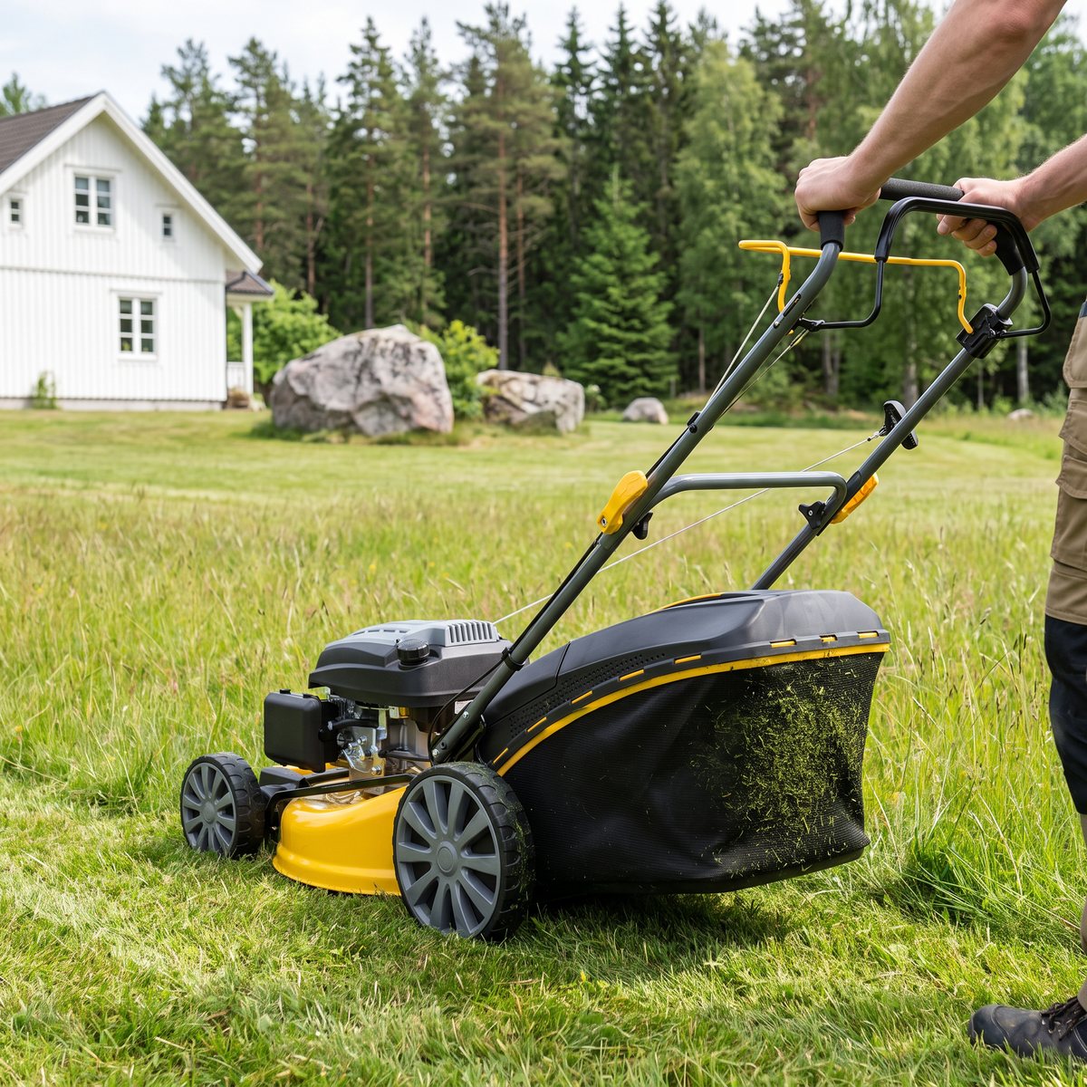 Gul PowerPlus-gräsklippare på 196 cc klipper högt gräs på en stor tomt med granitblock och tallskog