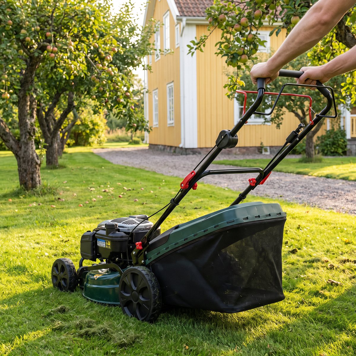 Grön PowerPlus-gräsklippare med Briggs & Stratton-motor klipper gräset mellan äppelträd vid ett gult trähus