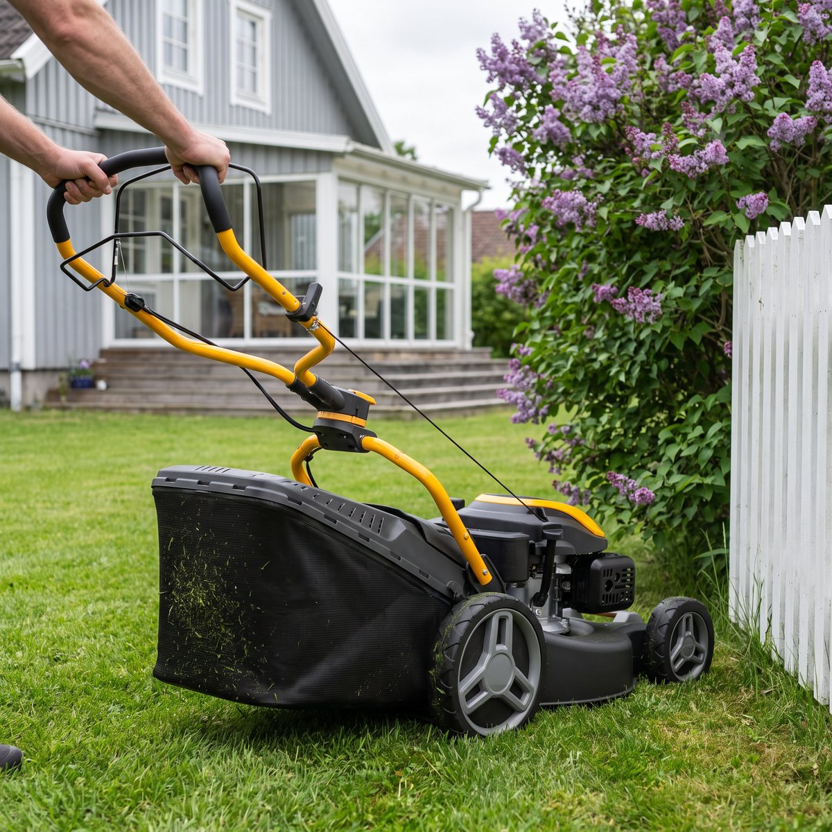 STIGA Combi 553 S med gult styre klipper längs ett vitt staket och en blommande syren vid ett grått trähus
