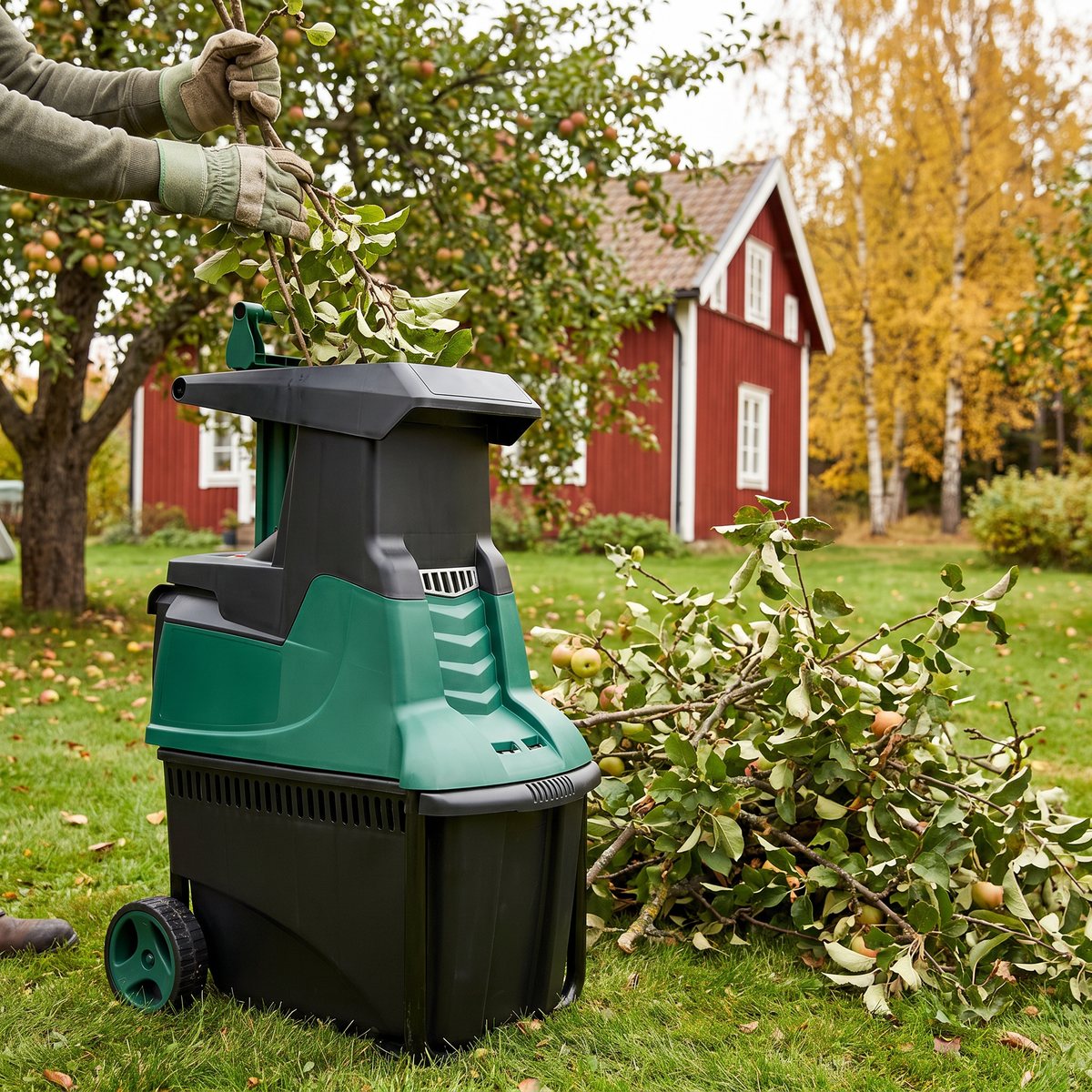 Bosch AXT 25 TC, grön och svart kompostkvarn, på en gräsmatta i en svensk trädgård på hösten med beskurna äppelgrenar och ett rött trähus i bakgrunden