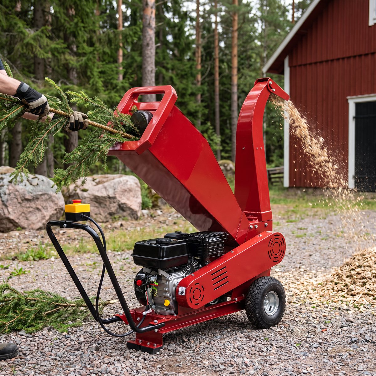 Metalcraft flismaskin, röd bensindriven flismaskin, på en grusplan vid skogen där en granruska matas in och flis kastas ut mot en röd lada