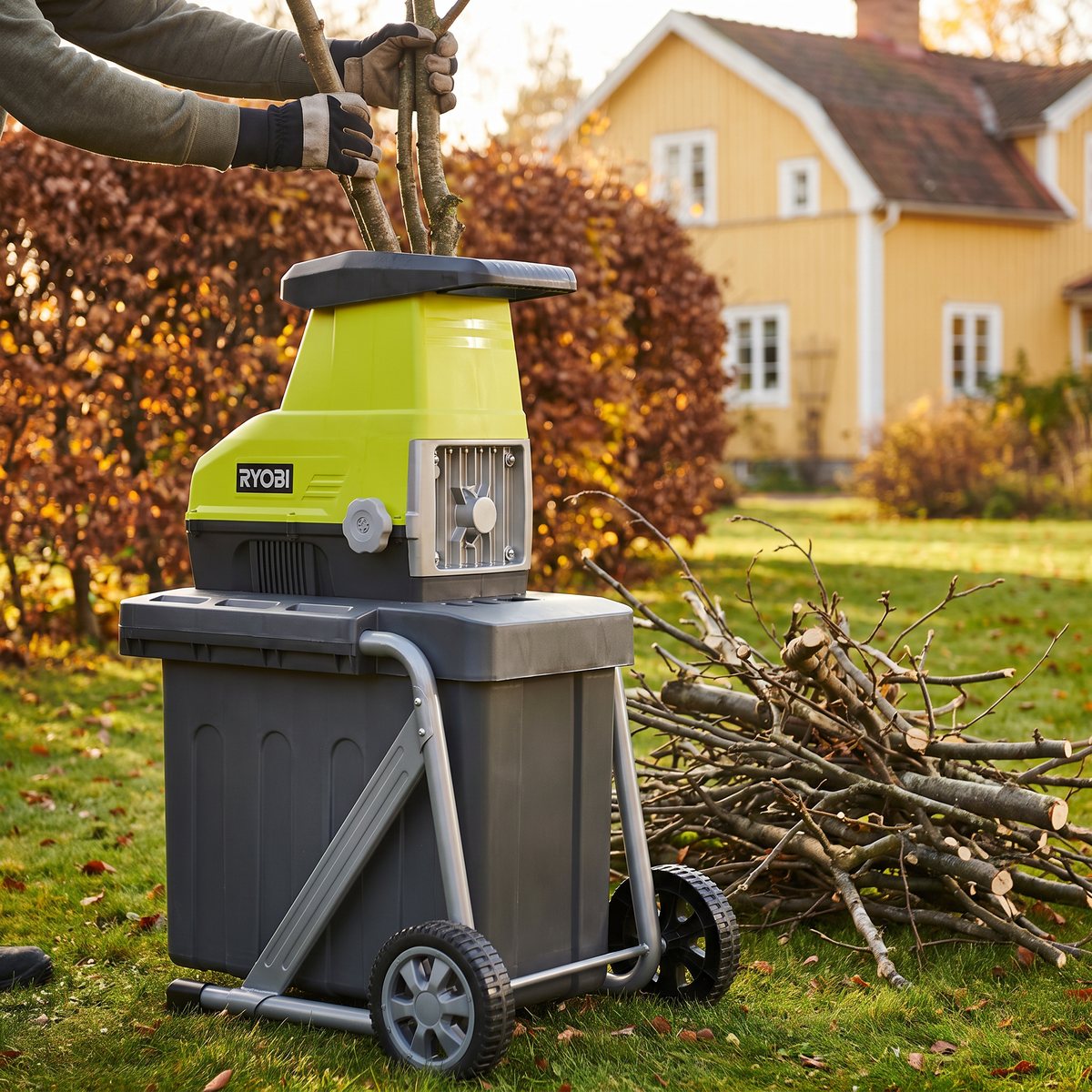 Ryobi RSH3045U, limegrön kompostkvarn på hjulförsett chassi, på en gräsmatta med en hög beskurna grenar, bokhäck och ett gult trähus i bakgrunden