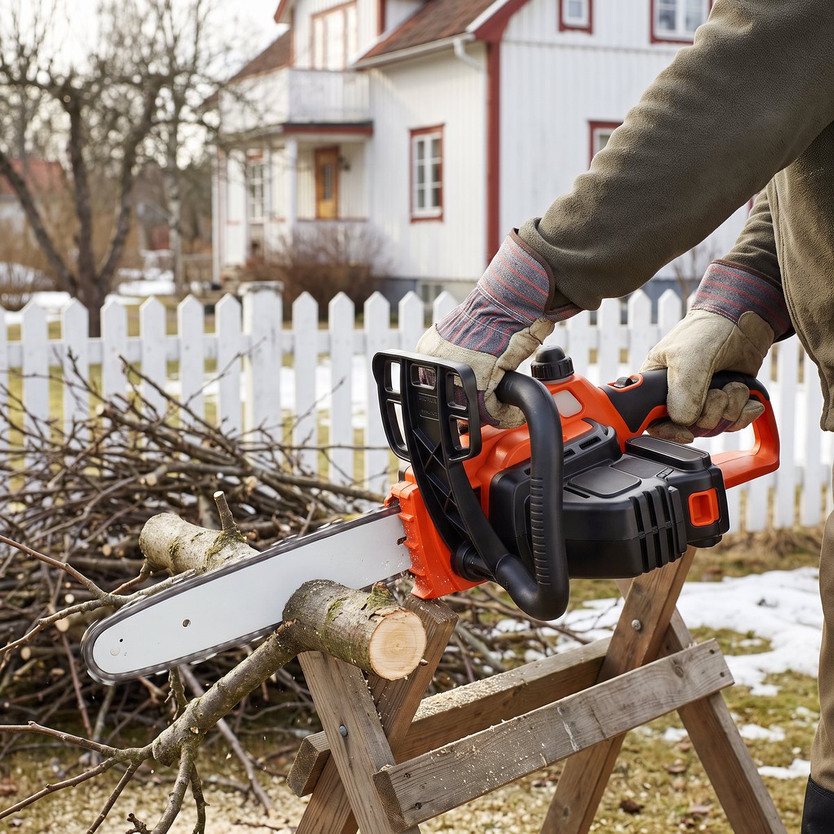 Black & Decker GKC1825L20 kapar en gren på en sågbock i en svensk villaträdgård med vitt staket