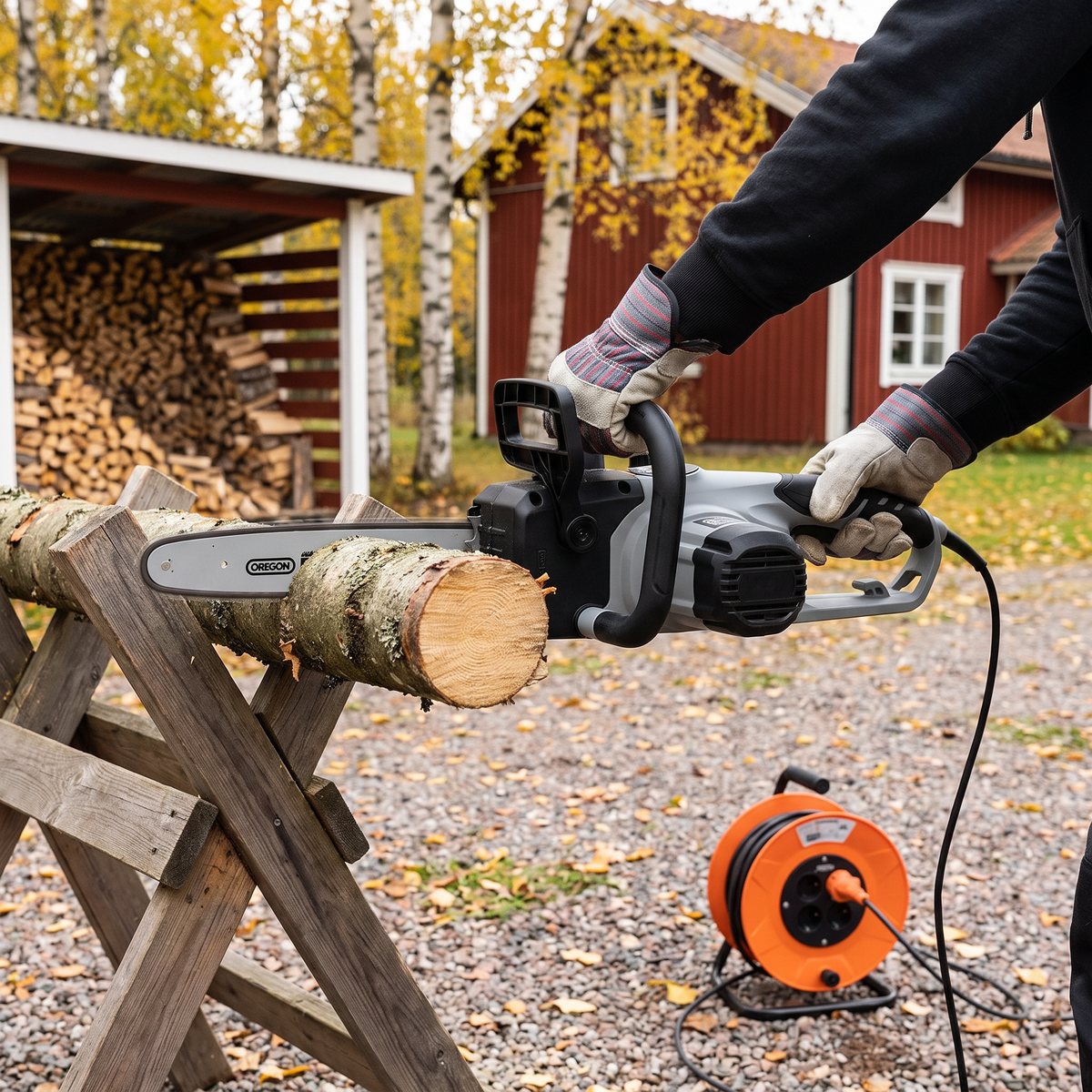 Kellfris eldrivna motorsåg kapar en stock på en sågbock vid en vedbod, med sladden kopplad till en kabelvinda