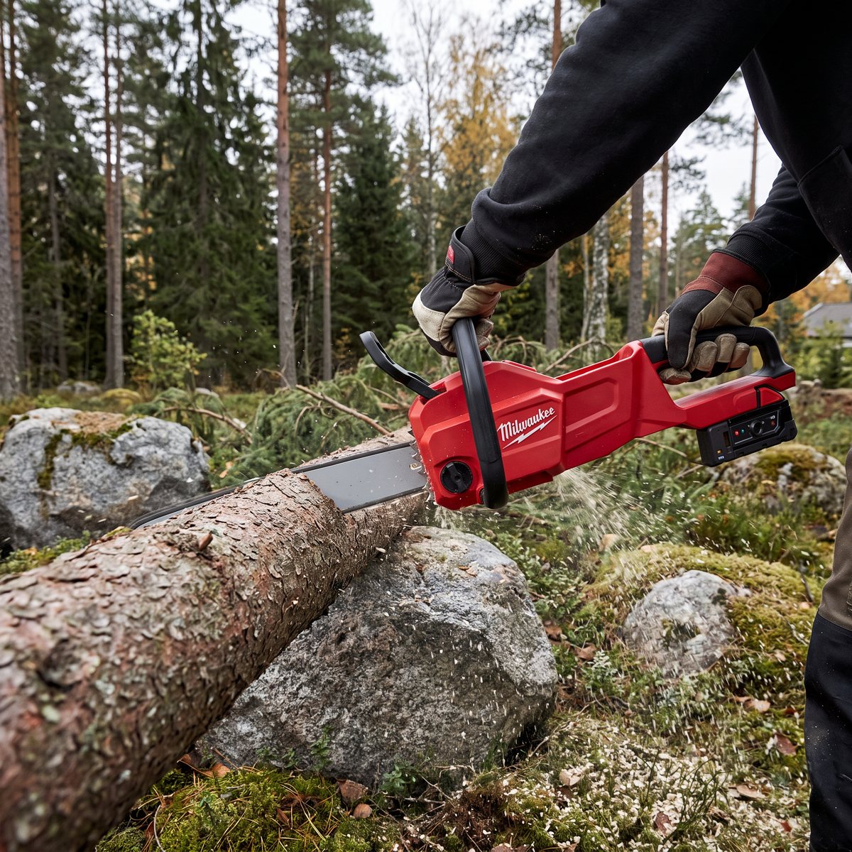 Milwaukee M18 FCHS-0 sågar genom en fälld granstam i svensk barrskog med mossa och granitblock
