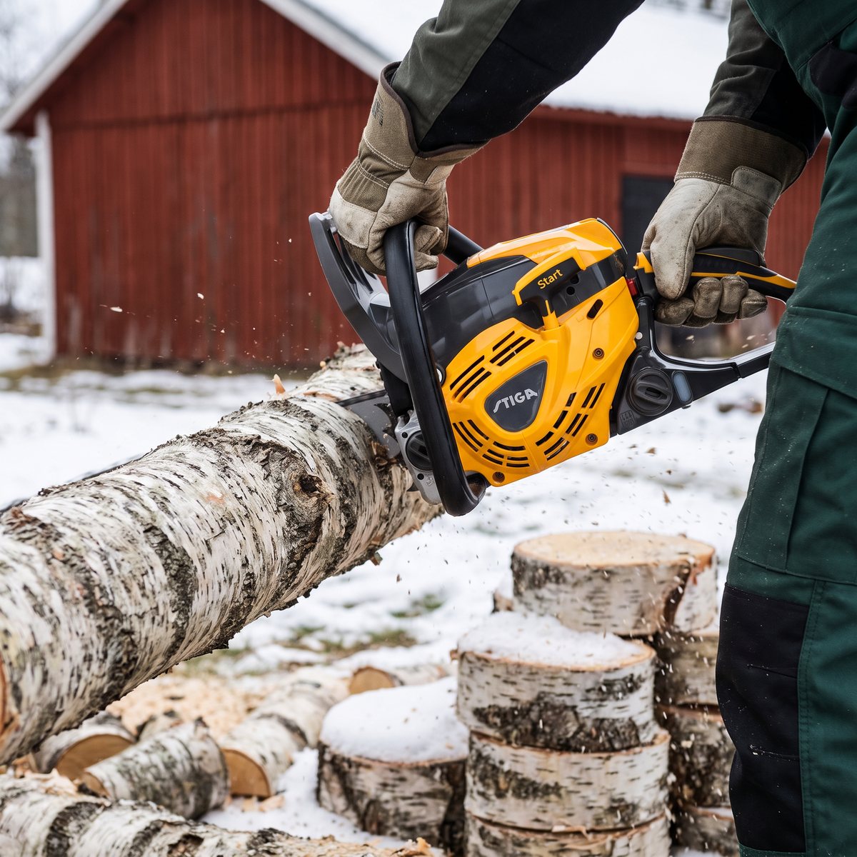 STIGA CS 545 kapar en grov björkstam till ved på en snöig gård framför en röd lada