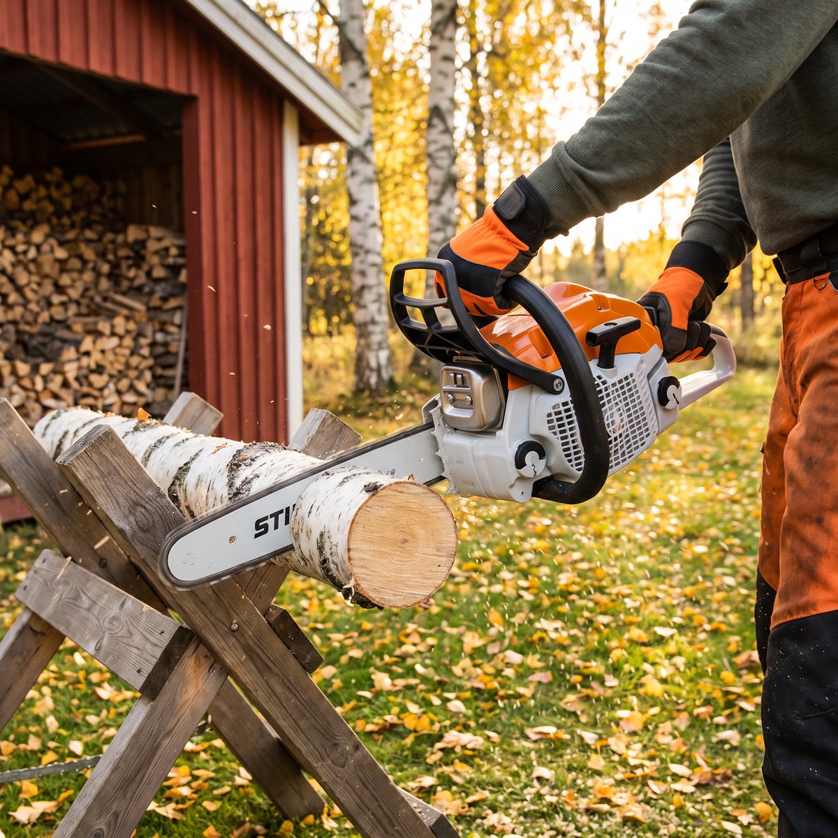STIHL MS 172 kapar en björkstam på en sågbock framför en röd vedbod i en svensk höstträdgård