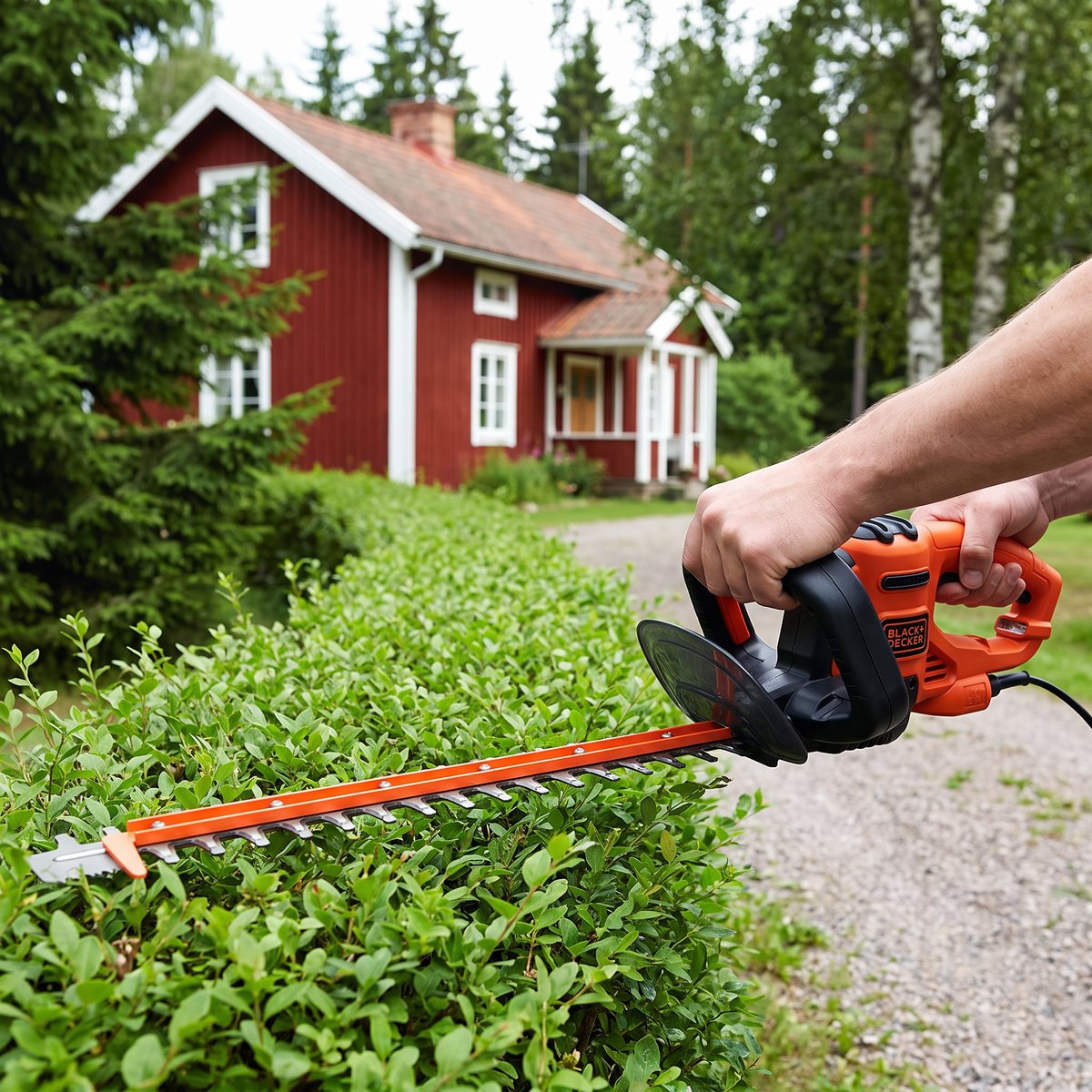 Black & Decker häcksax med sladd som trimmar en låg häck längs en grusgång vid en röd stuga