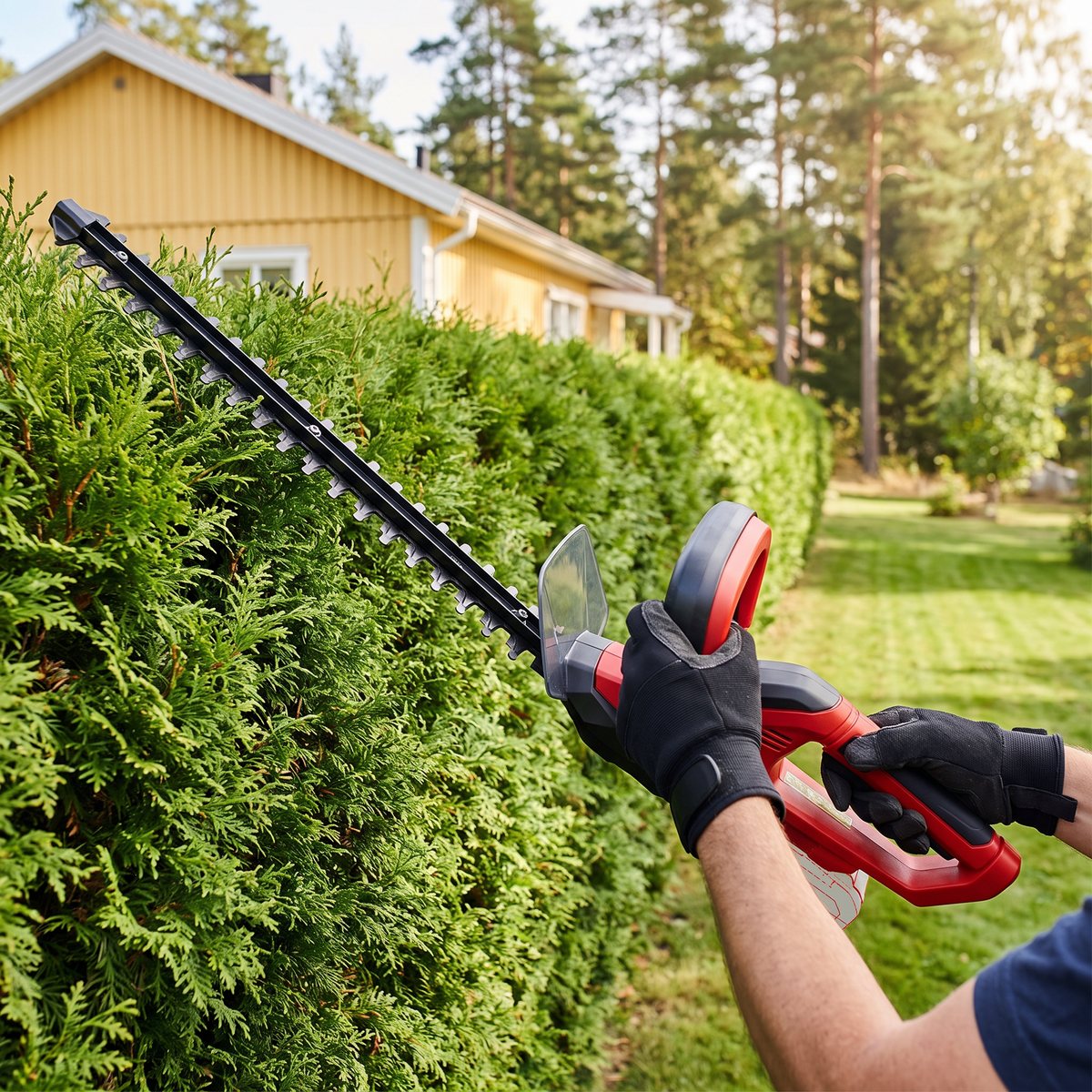 Einhell GE-CH 1855/1 klipper en lång tujahäck vid en gul villa i en svensk trädgård