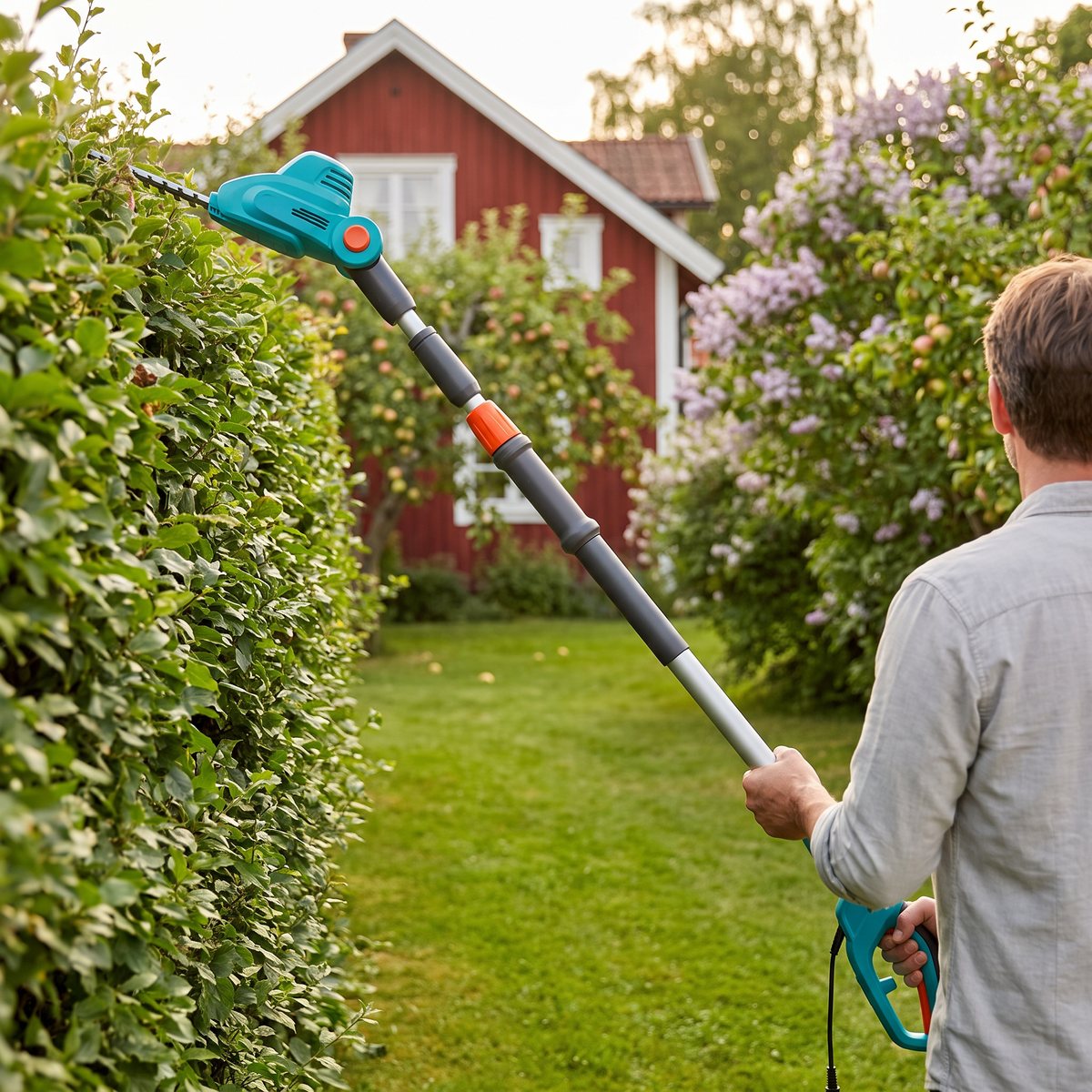 Gardena THS 500/48 teleskophäcksax klipper toppen av en hög häck i en svensk trädgård