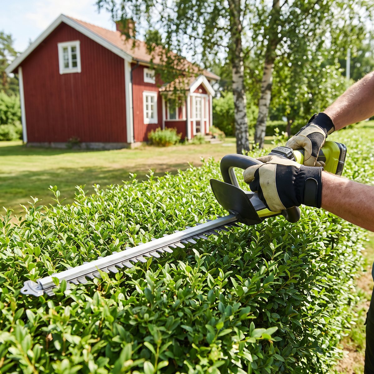 Ryobi ONE+ batteridriven häcksax som trimmar en tät häck framför ett rött trähus i svensk trädgård