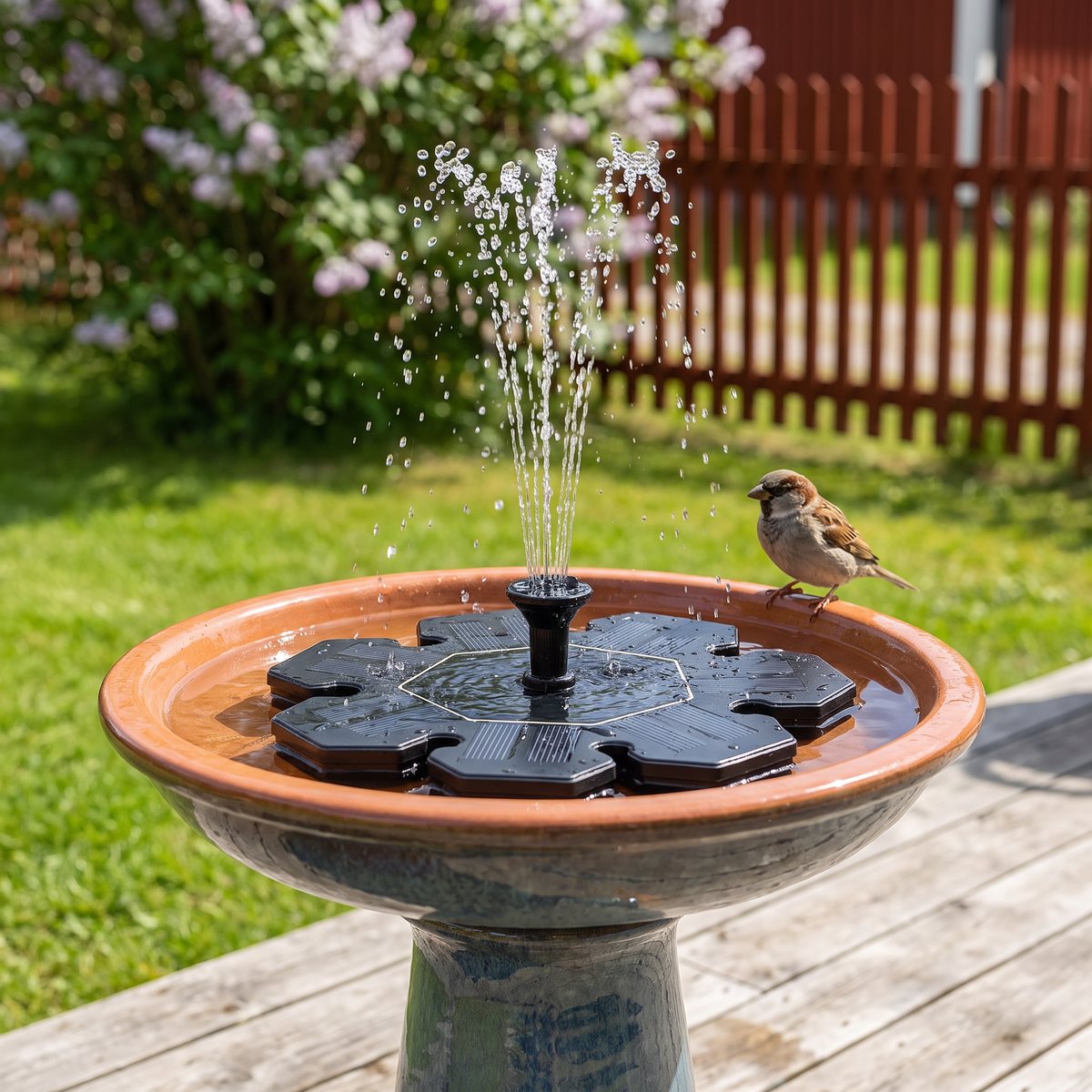 Flytande solcellsfontän AS20A på 29 cm i ett fågelbad på en träaltan i en svensk trädgård