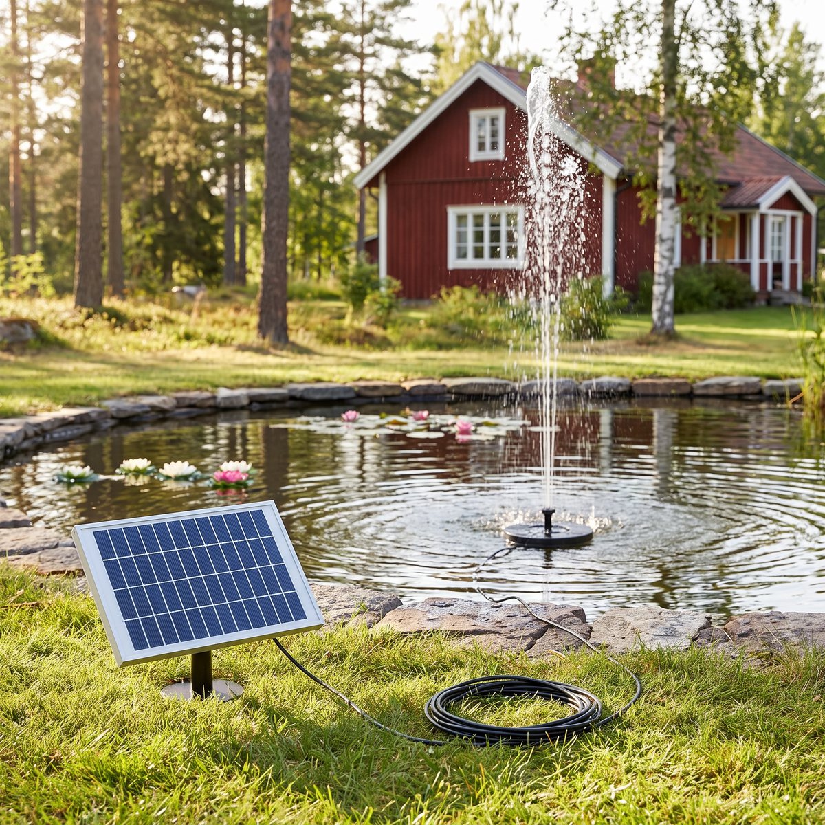 Dynamics 5W solcellsfontän med fristående solpanel vid kanten av en svensk trädgårdsdamm och en hög vattenstråle