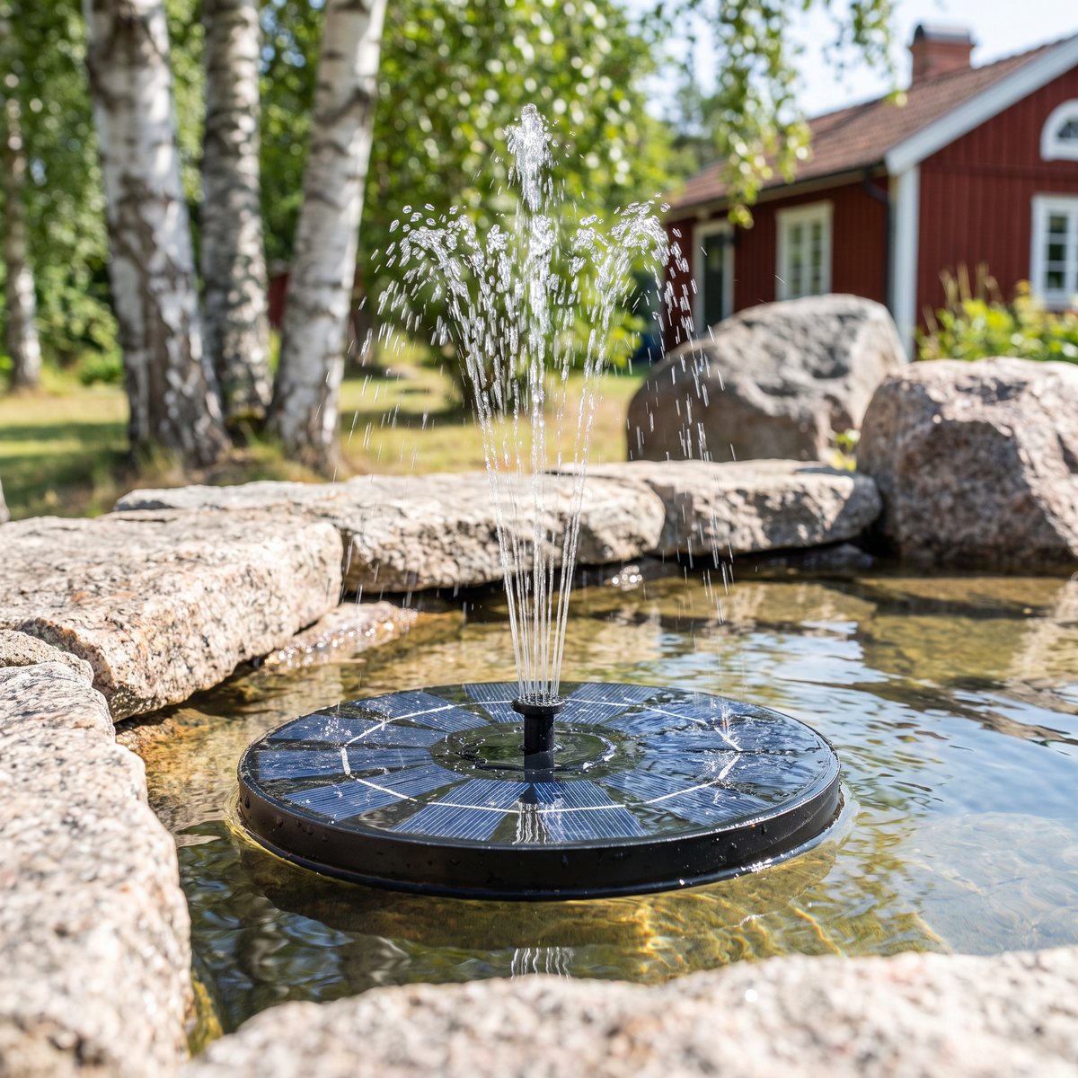 Solarcamp flytande solcellsfontän med batteri som sprutar vatten i en stenkantad trädgårdsdamm i en svensk sommarträdgård