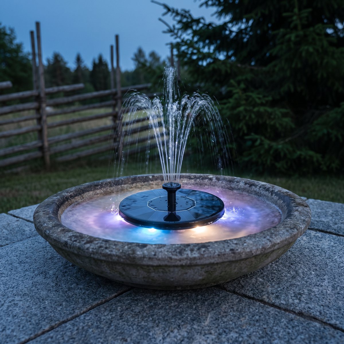 Star Trading Fountain solcellsfontän i ett fågelbad av sten på en uteplats i skymningen, med färgat LED-ljus
