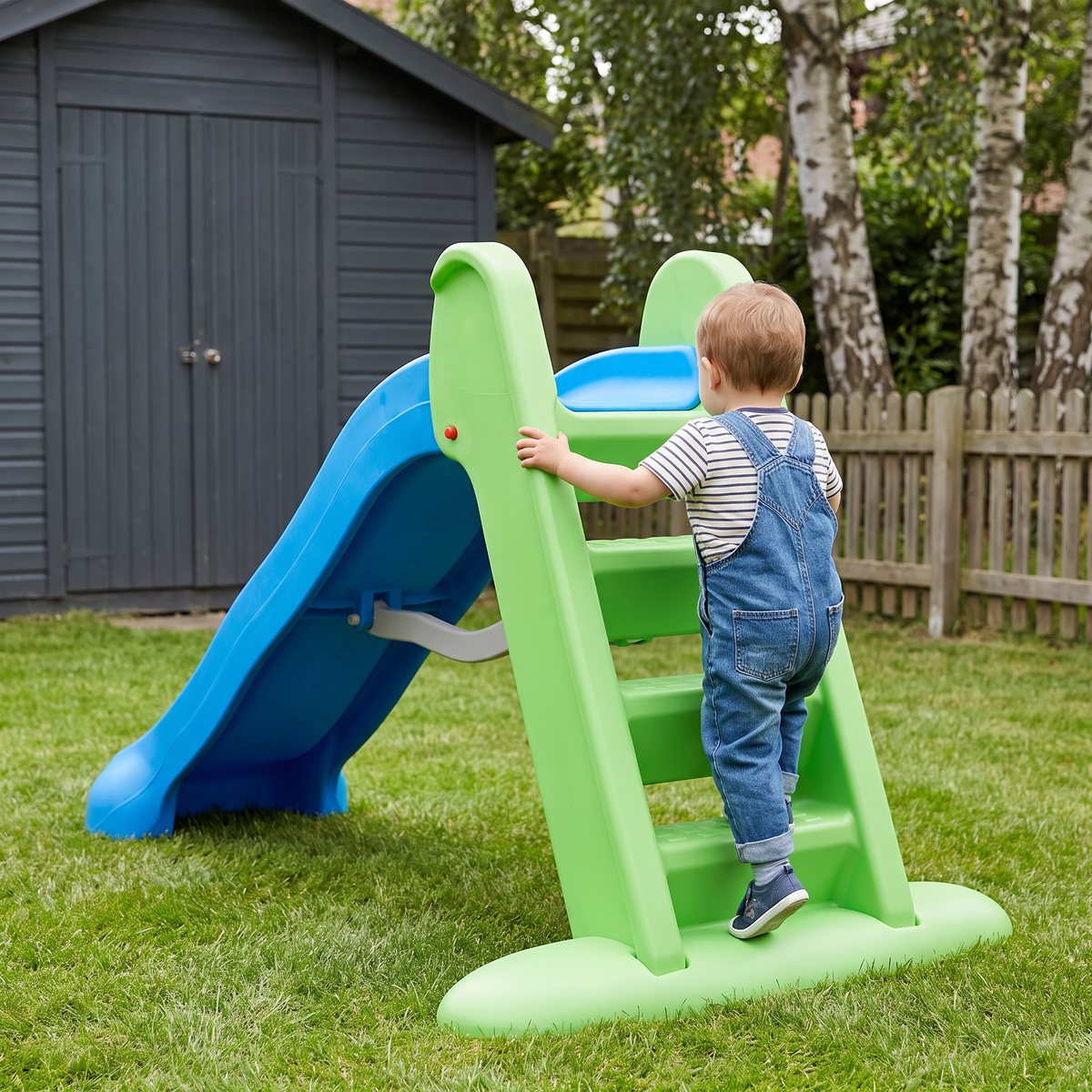 Little Tikes Easy Store Giant med blå kana och grön stege, ett litet barn klättrar upp i en liten trädgård med förråd och björkar