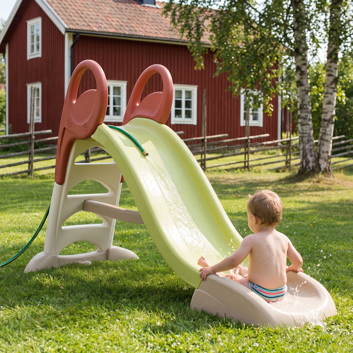 Smoby Life rutschkana med trädgårdsslangen kopplad upptill, ett barn i badkläder i utgången på en gräsmatta framför ett rött trähus