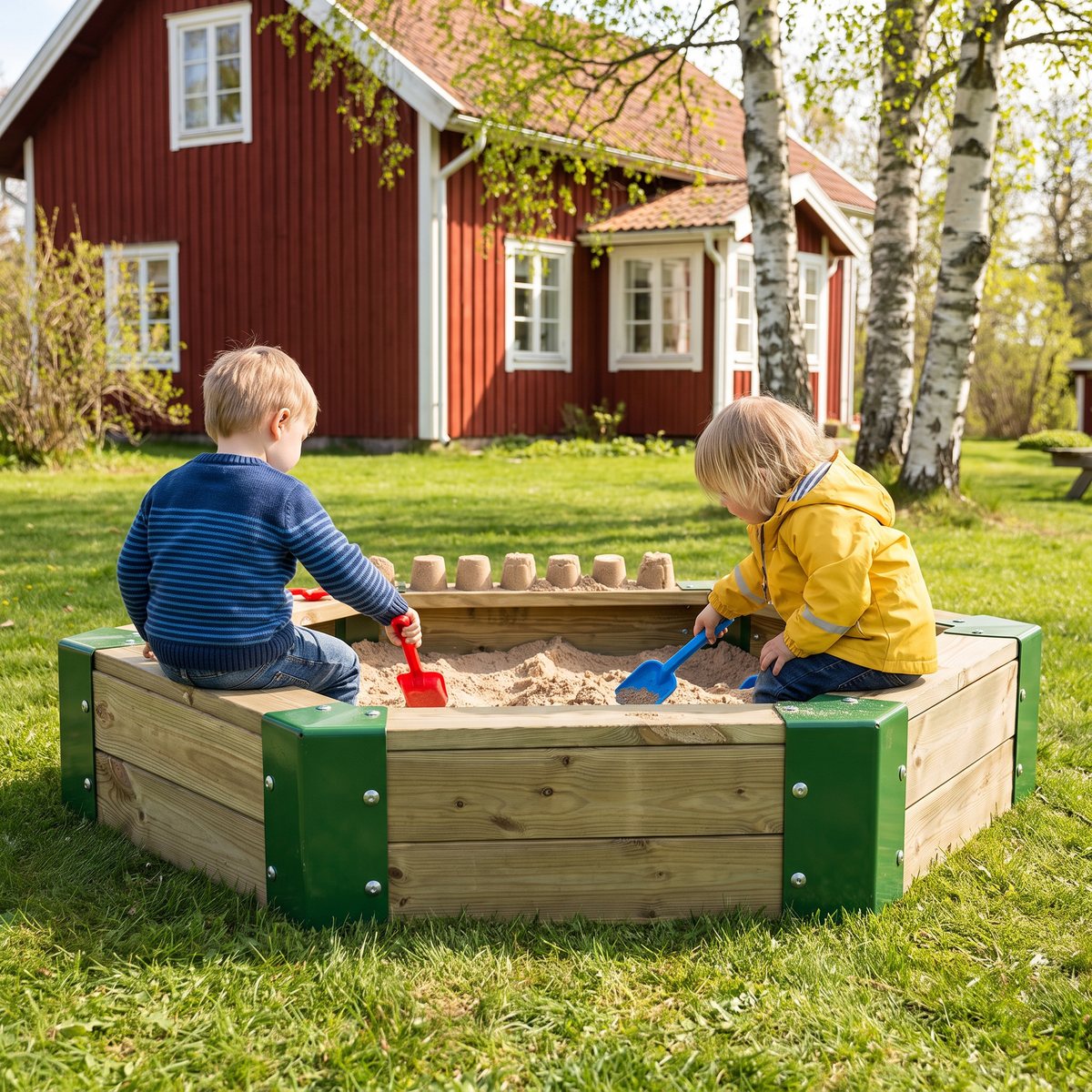 Sexkantig sandlåda i tryckimpregnerat trä med gröna hörnbeslag på en gräsmatta framför ett rött trähus, två barn sitter på kanterna och gräver
