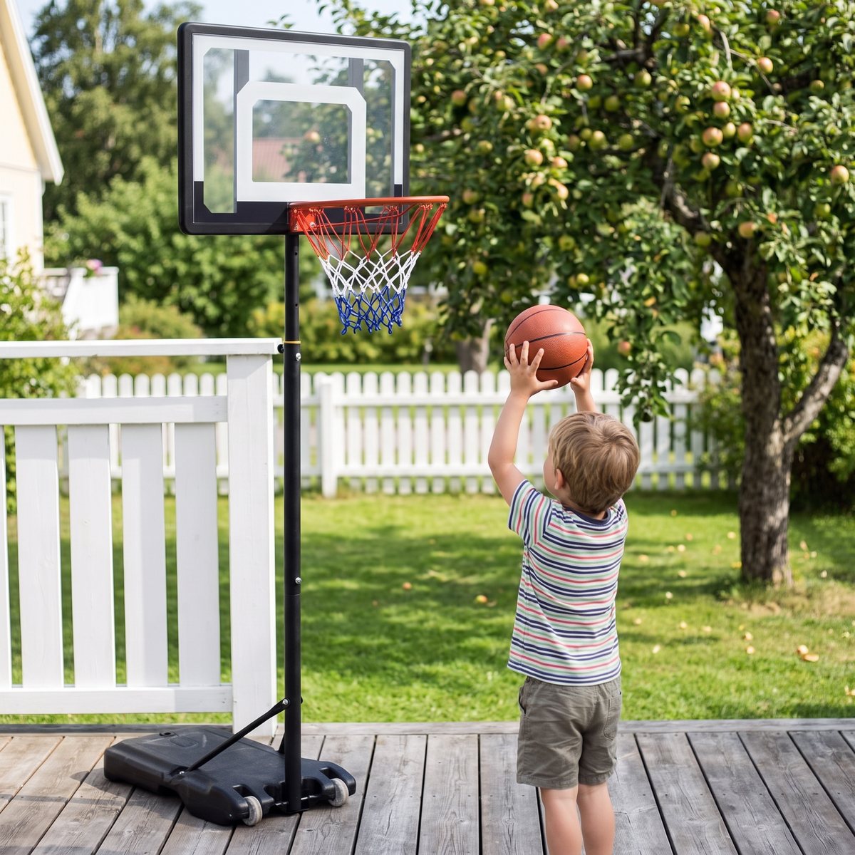 ProSport Barn Basketkorg på en träaltan i en svensk trädgård, där ett litet barn kastar en boll mot den låga korgen.