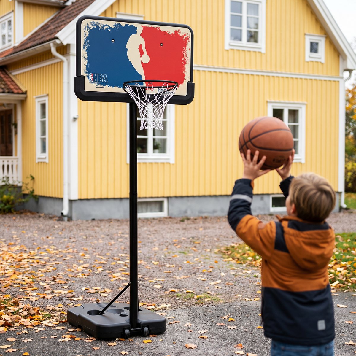 Spalding NBA Logoman Portable på en grusplan framför ett gult trähus med höstlöv på marken, där ett barn kastar en boll mot korgen.