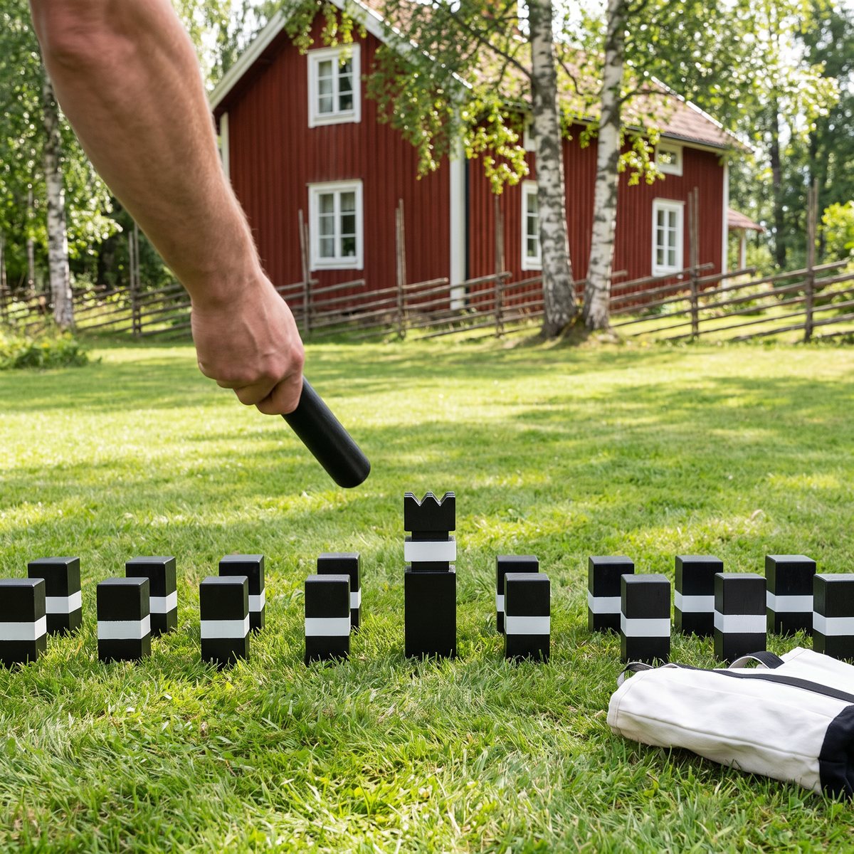 Svartlackerat kubbspel med vita band uppställt på en sommargräsmatta framför en röd stuga med björkar, en hand håller en kastpinne