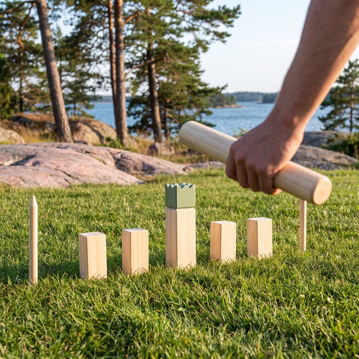 Kubbspel i ljust trä med grön kungskrona på en gräsäng vid havet i skärgården, en hand håller en kastpinne