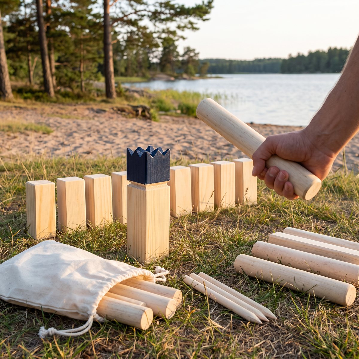 Kubbspel i ljust pinjeträ med mörkblå kungskrona och bomullspåse på gräset vid en sandstrand och en sjö med tallar