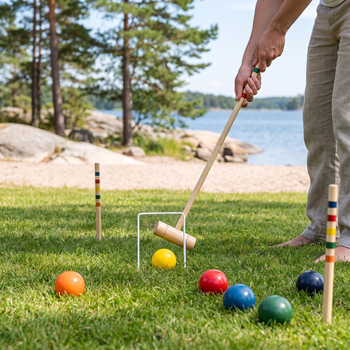 Träklubba siktar på ett gult plastklot vid en vit båge på en gräsyta intill en sandstrand och en sjö med tallar