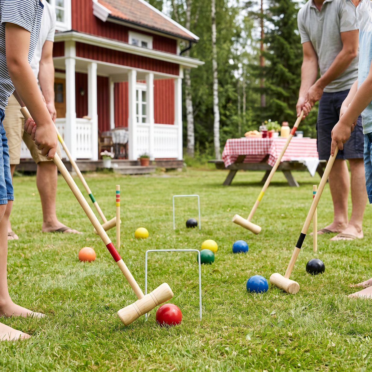 Familj spelar krocket med ljusa furuklubbor och färgade träklot på gräsmattan framför ett rött hus med vit veranda