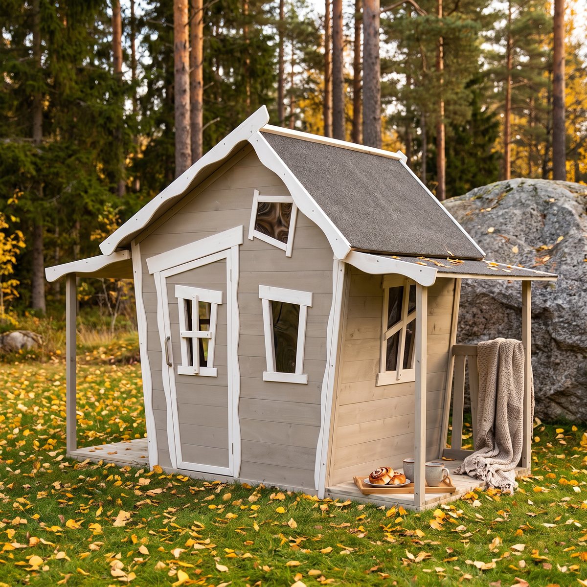 EXIT Crooky lekstuga med sneda väggar och skevt tak, fikabricka på verandan bland höstlöv, tallar och ett granitblock