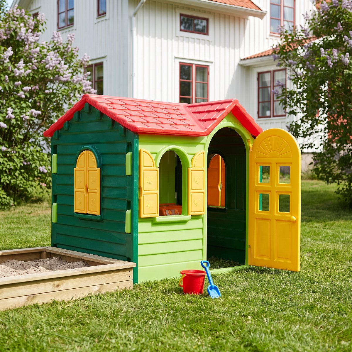 Little Tikes Evergreen lekstuga i grön plast med öppen gul dörr, bredvid en sandlåda framför ett vitt trähus och syrenbuskar