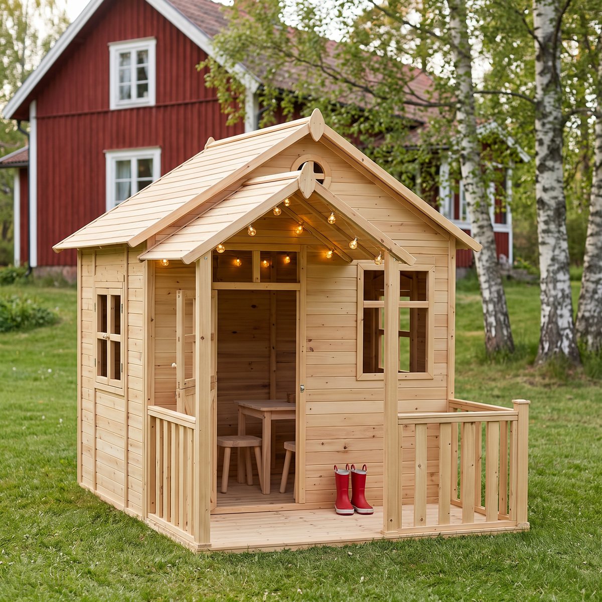 Woodlii HILDA lekstuga i obehandlat trä med veranda och ljusslinga under taket, på en gräsmatta framför ett rött trähus och björkar
