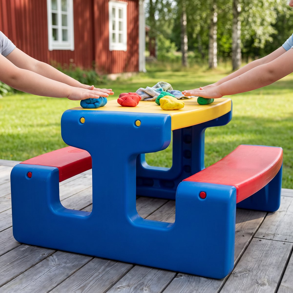 Little Tikes Junior picknickbord i blått, gult och rött på ett trädäck utanför ett falurött hus, där barnhänder knådar lera på bordsskivan