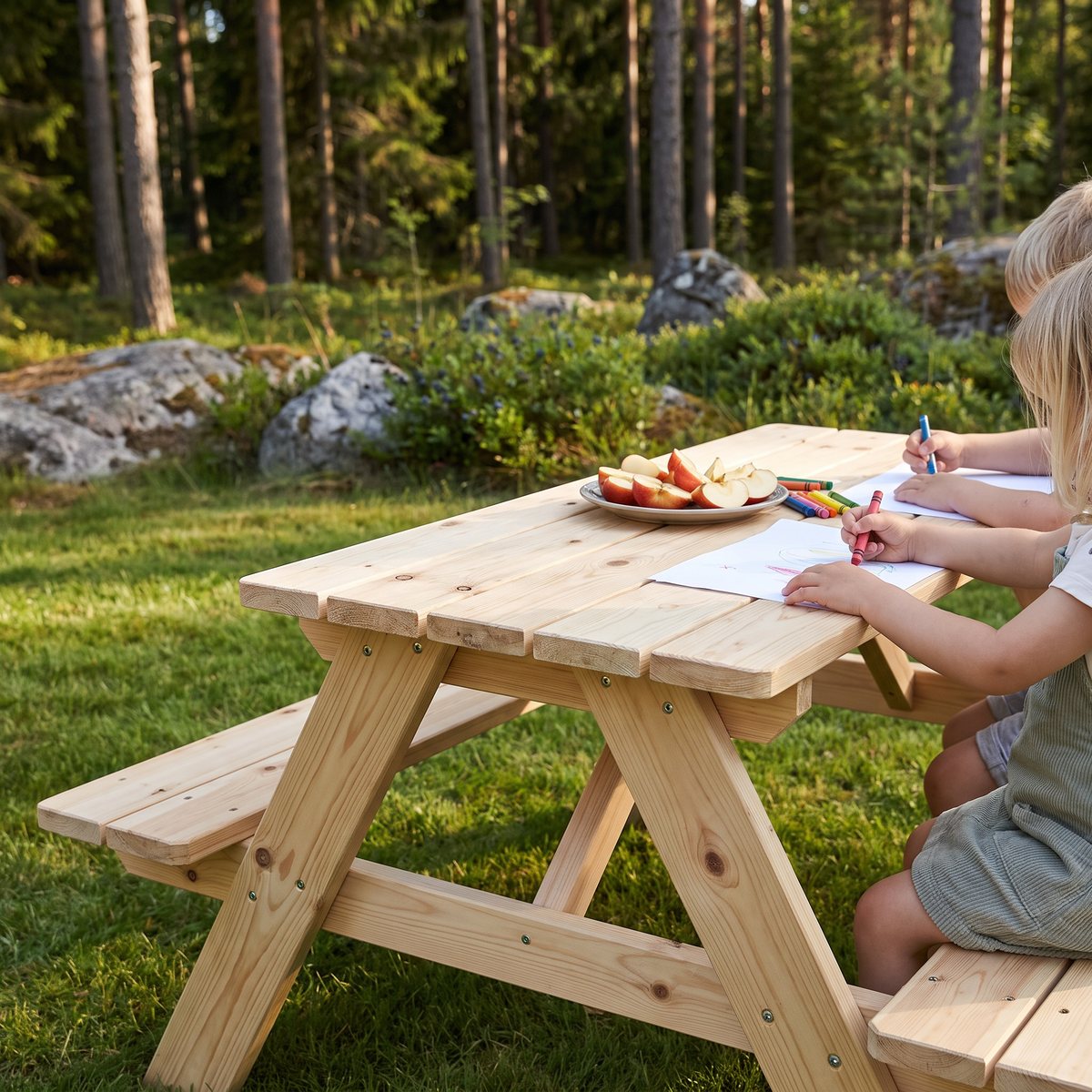 Obehandlat Small Foot picknickbord i trä på en gräsmatta vid tallskogen, där barn ritar med kritor