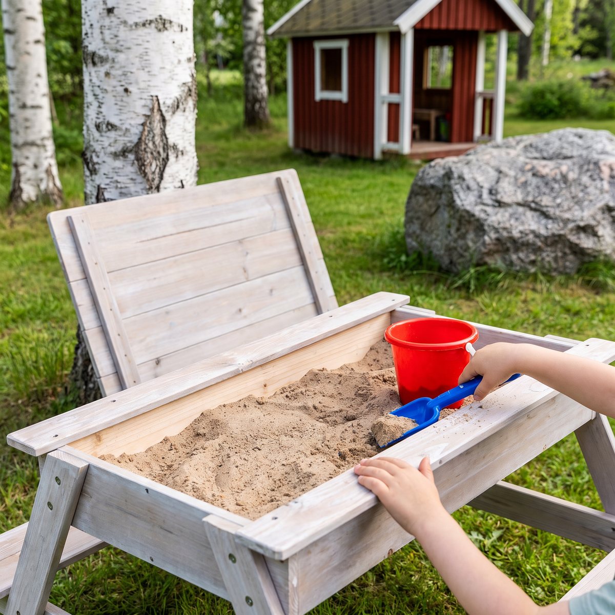 Vitt Woodlii picknickbord med bordsskivan avlyft och sandlådan öppen på en gräsmatta med björkar, där en barnhand gräver med spade