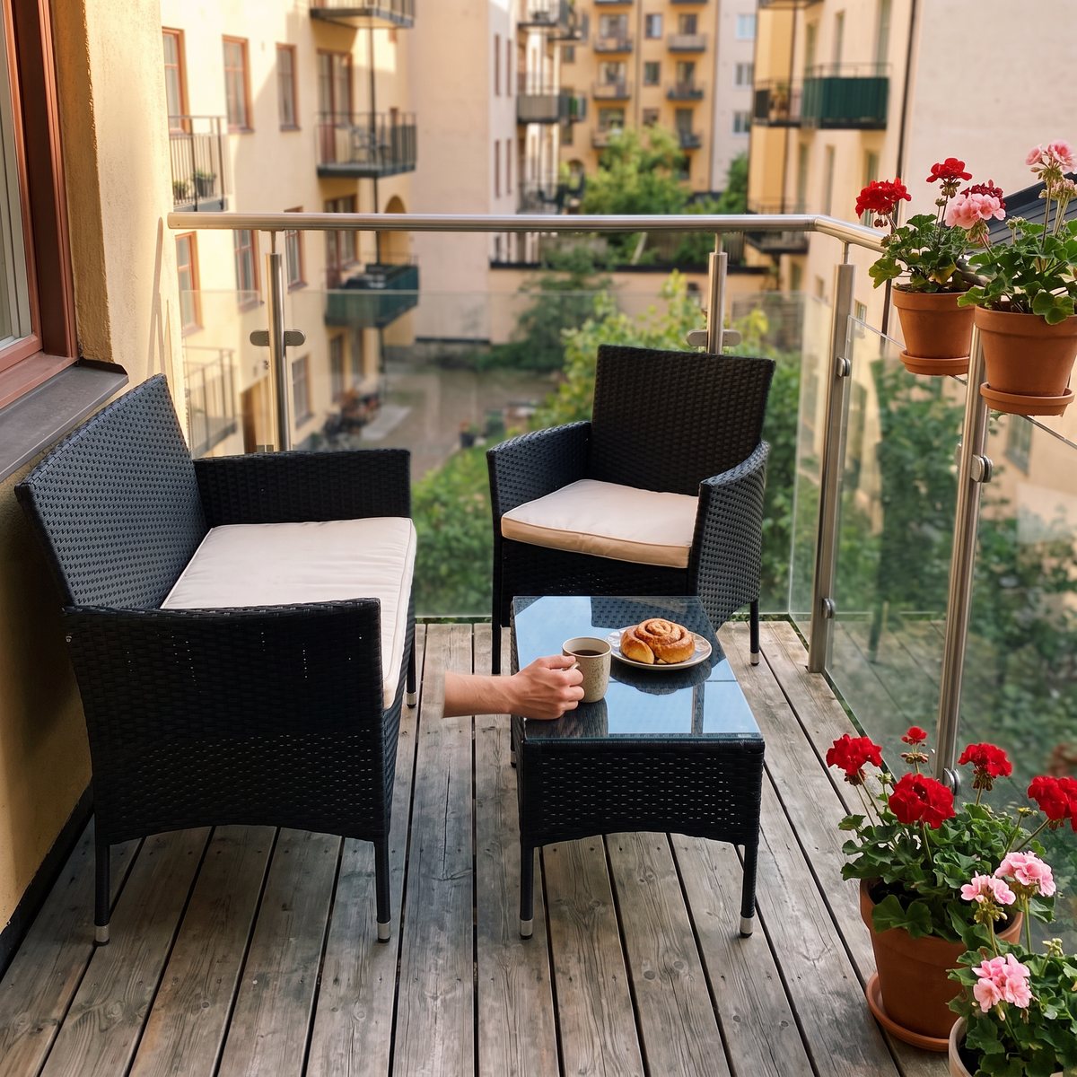 Litet loungeset i svart konstrotting med glasbord på en balkong mot en stenstadsgård, kaffe och kanelbulle på bordet
