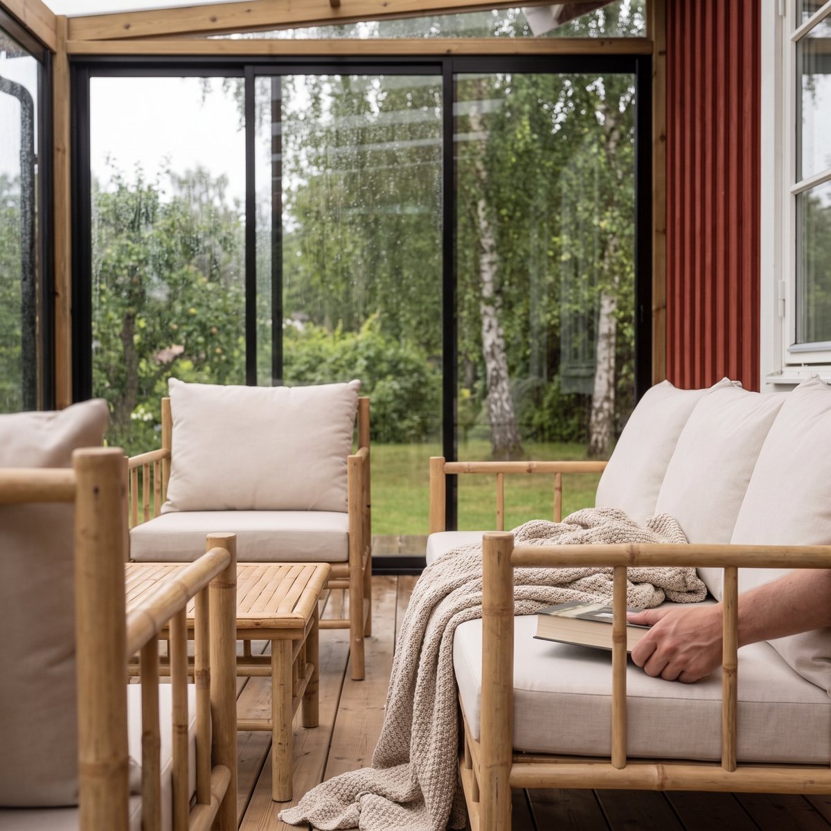 Soffgrupp i ljus bambu med beige dynor i ett inglasat uterum vid en röd svensk stuga