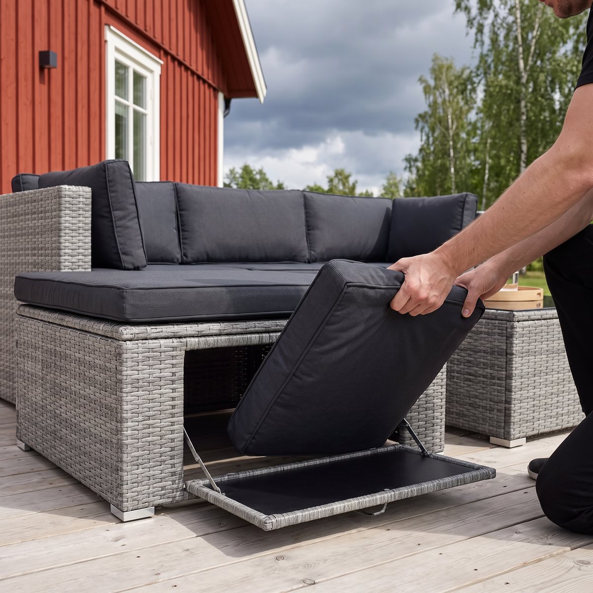 Grå hörnsoffa i konstrotting på en trätrall vid ett rött svenskt trähus, en lucka i soffans front är öppen och en dyna skjuts in i förvaringen under sitsen