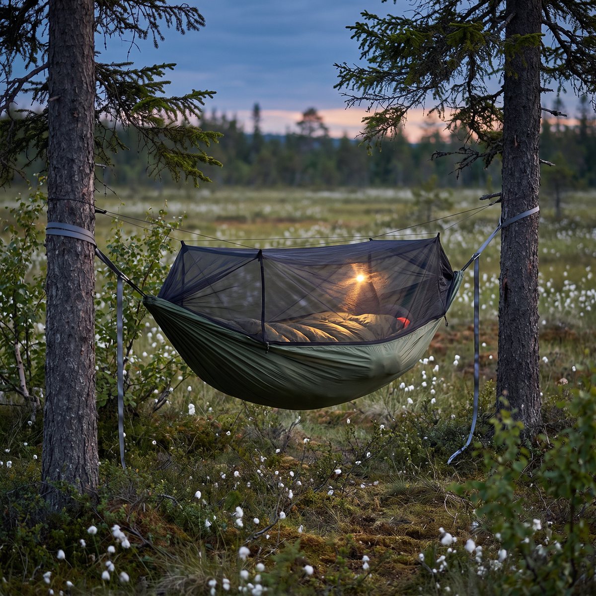 DD Hammocks Frontline i olivgrönt med stängt myggnät, uppspänd mellan två granar vid en norrländsk myr med ängsull i skymningen