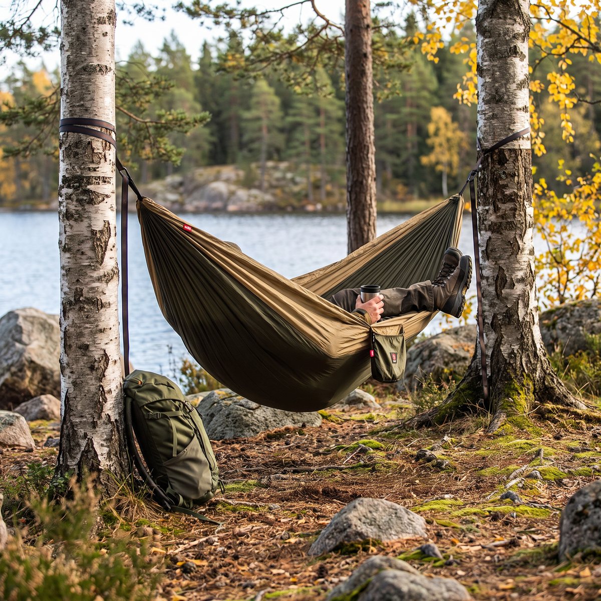 Robens Trace i olivgrönt och sandfärgat, upphängd mellan två björkar vid en sjöstrand en höstdag under en lunchpaus på vandring