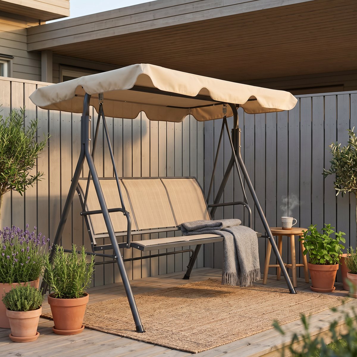 Kompakt vidaXL-hammock i antracit och beige på en liten trädäckad uteplats under ett lågt skärmtak vid ett svenskt radhus