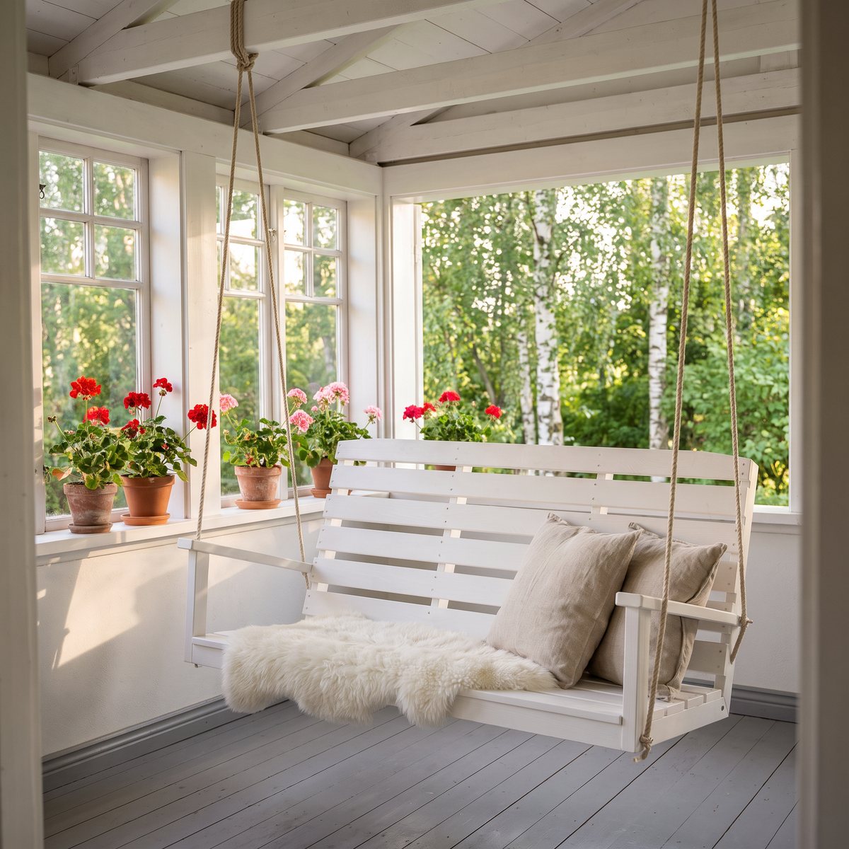Vit hammockgunga i furu upphängd i linnerep under taket på en svensk glasveranda med pelargoner i fönstren