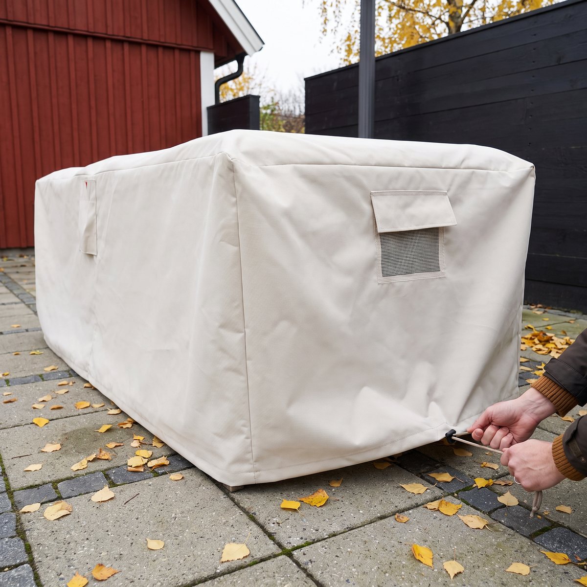 Sandfärgat överdrag från Home>it Garden över en trädgårdsmöbelgrupp på en stenlagd uteplats med höstlöv, där händer drar åt dragskon i nederkanten