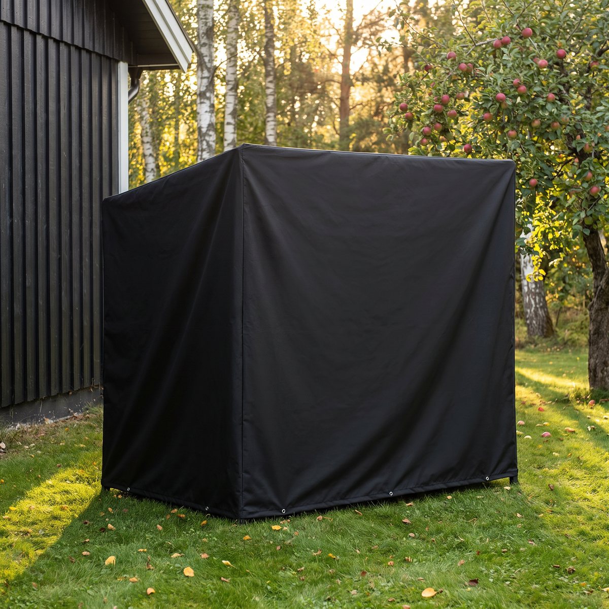 Svart vidaXL-hammockskydd med sluttande tak över en hammock på en gräsmatta bredvid ett äppelträd i septembersol