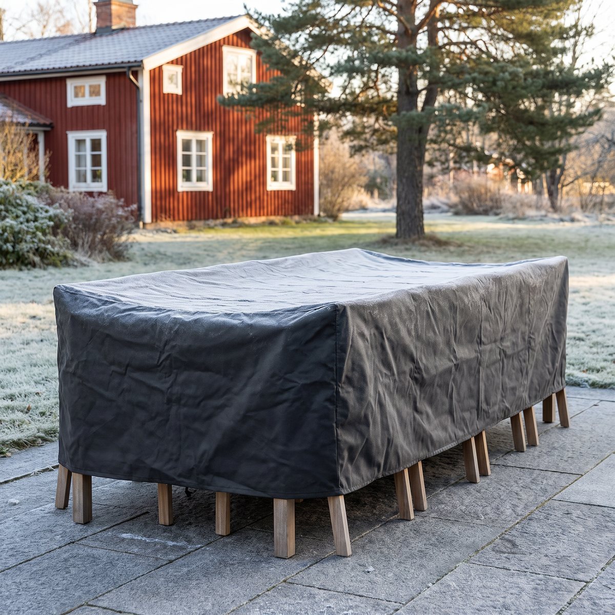 Mörkgrått vidaXL-möbelöverdrag över en lång och smal trädgårdsgrupp på en stenlagd terrass en frostig morgon framför ett rött hus