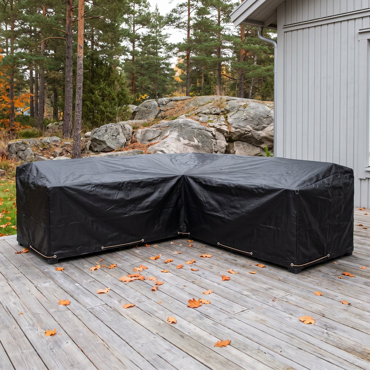 Svart L-format vidaXL-överdrag över en hörnsoffa på ett trädäck med höstlöv, tallar och granithällar i bakgrunden