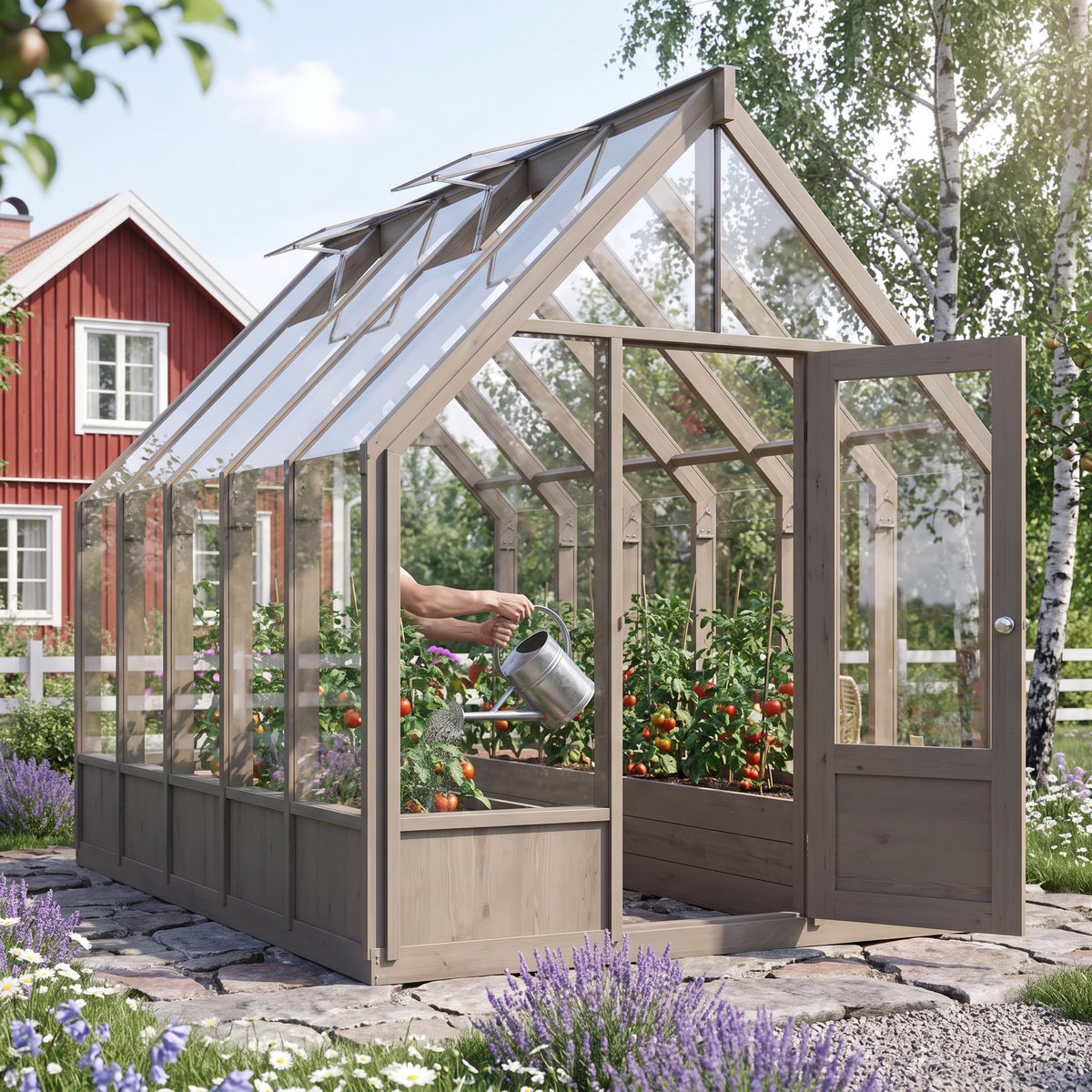 Bedly Priskus växthus i gråmålat trä och glas med två öppna takfönster, där tomater vattnas inne i huset i en svensk trädgård med rött trähus och björkar