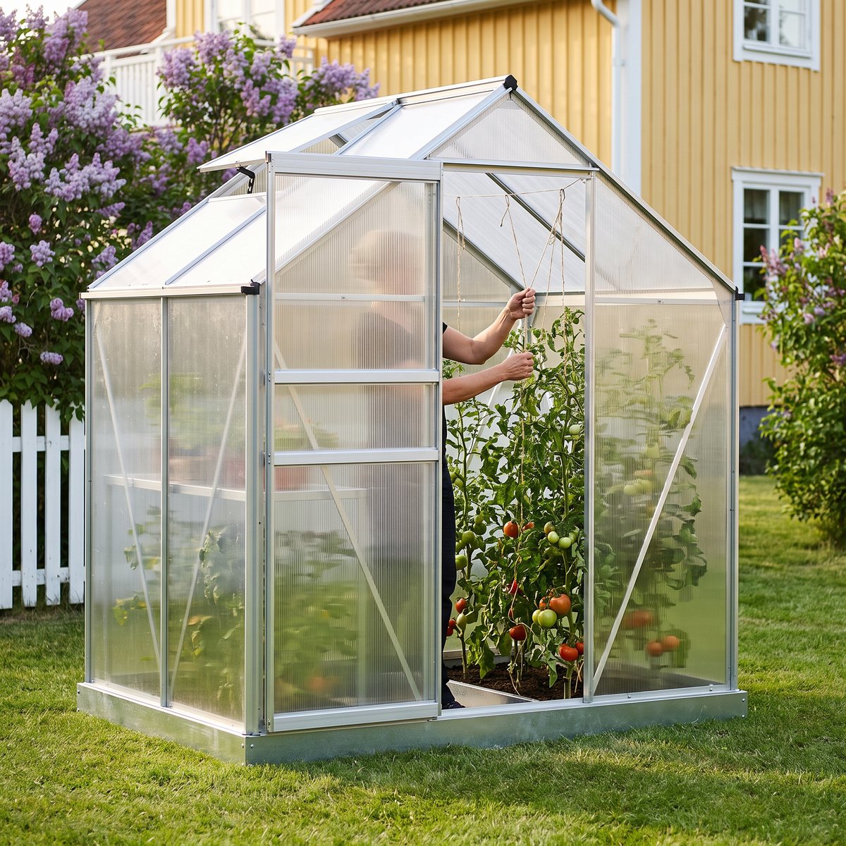Metalcraft C5 litet växthus i aluminium och kanalplast där tomatplantor binds upp mot taket, på en gräsmatta framför ett gult trähus och syrenbuskar