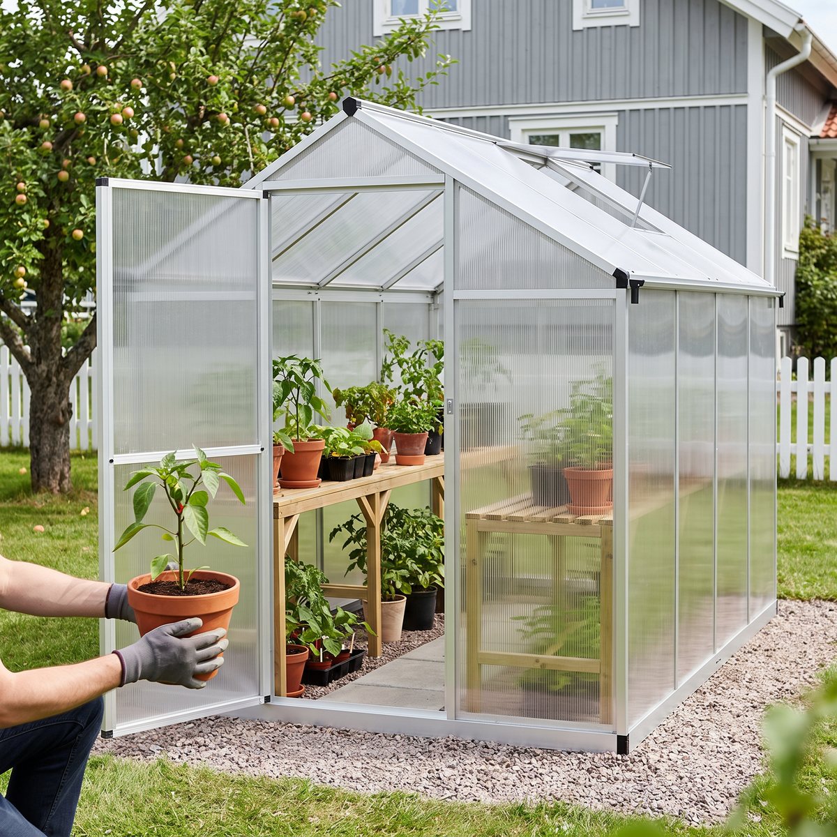 vidaXL aluminiumväxthus med polykarbonatskivor, öppen dörr och takventil, där en kruka med chiliplanta lyfts in mot odlingsbänken i en svensk villaträdgård