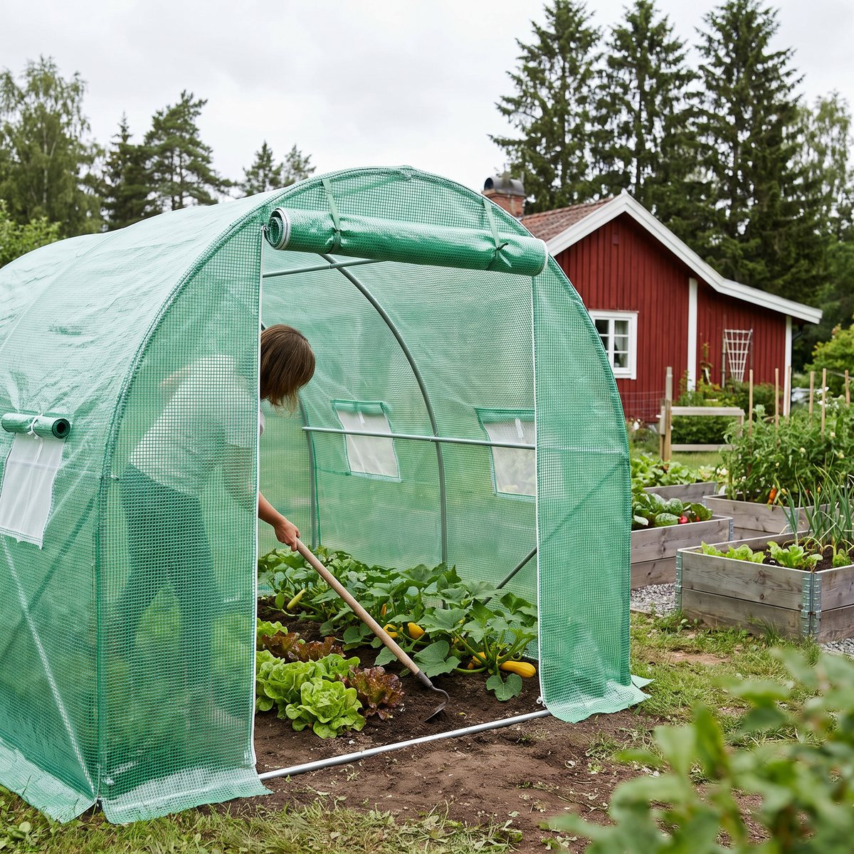 vidaXL tunnelväxthus med grön PE-väv och uppknuten dörr, där det rensas mellan sallat och squash på en kolonilott med rött stugtak och granar